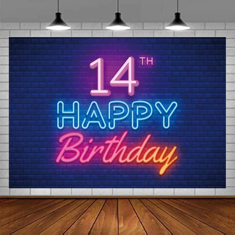 

Glow Neon Photography Backdrop Black – Colorful Glowing 14 Years Old 14th Birthday Party Banner Decor For Boys Girls Supplies