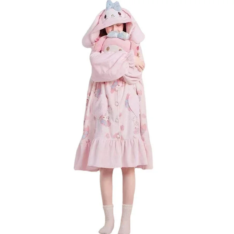 My Melody Kawaii Women Plush Pajamas Robe Set Sanrioed Anime Homewear Cartoon Winter Long Style Thickened Nightgown Pants Sweet