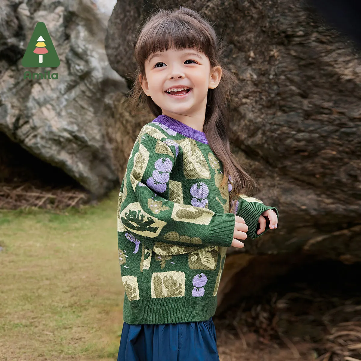 Amila Baby Sweater 2024 Autumn New Boys And Girls Cartoon Round Neck Animal Plant Soft Breathable Full Print Children‘s Pullover