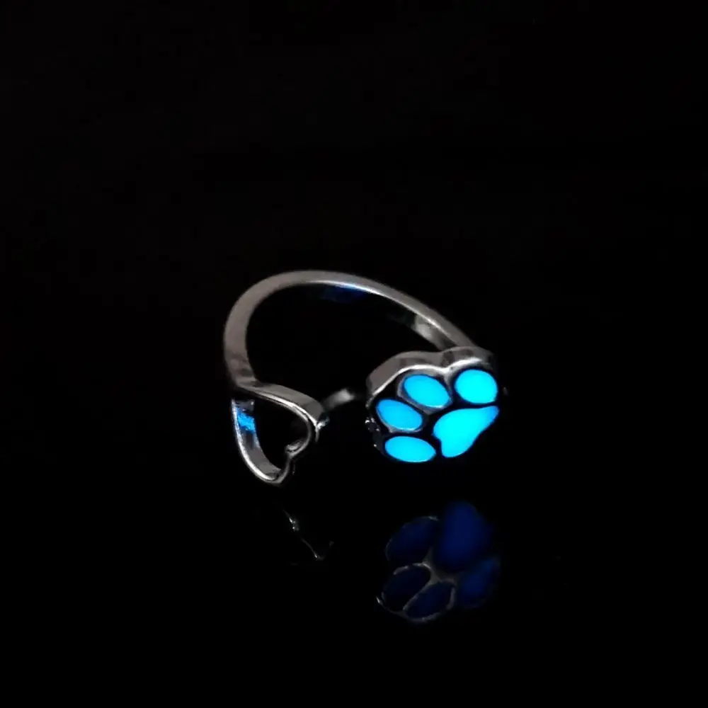 Luminous Cat's Paw Ring Puppy Paw Glowing Finger Ring Adjustable Glow in Dark Hollow Out Heart Ring