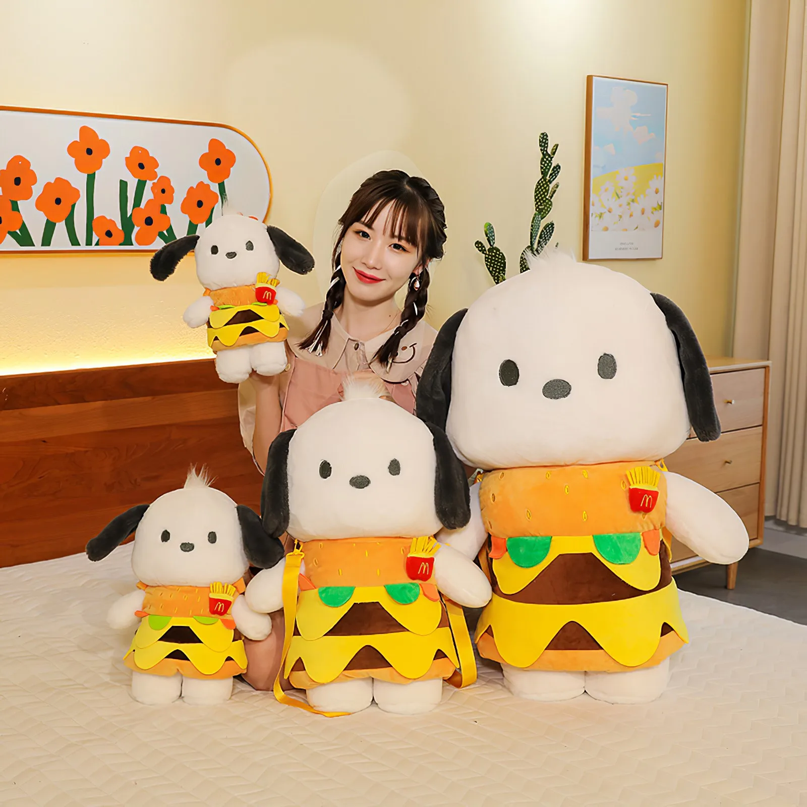 Cartoon Sanrio Pochacco Cute Plush Toy Kawaii Removable Burger Big Ear Dog Soft Stuffed Doll Girls Sleeping Pillow Birthday Gift