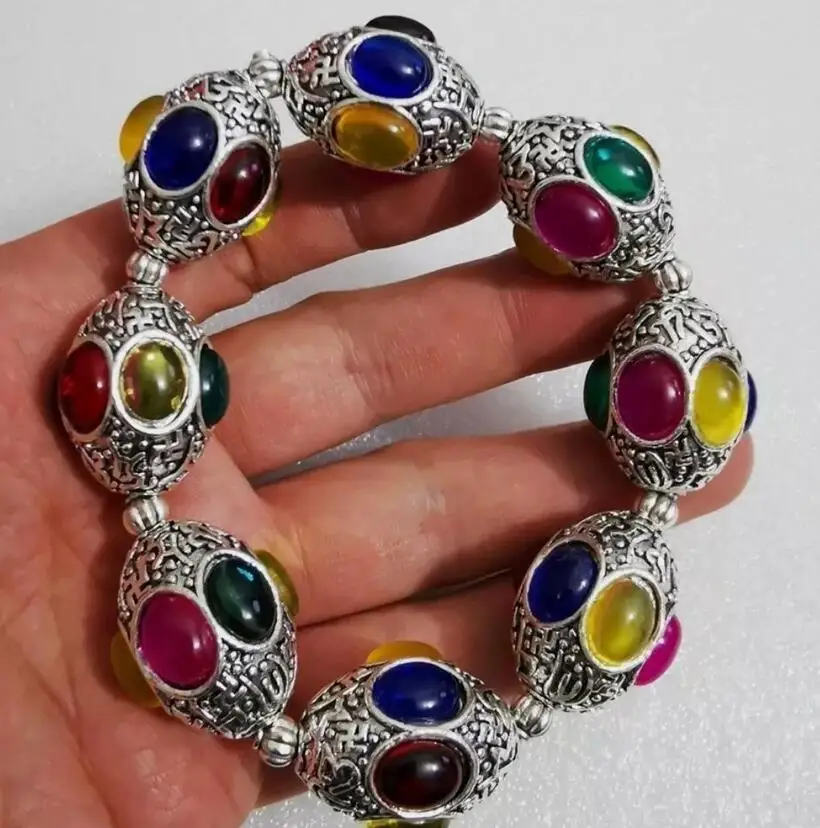 Handmade Xizang Tibetan Silver chain Nepal bracelet Real gem Nepai 566