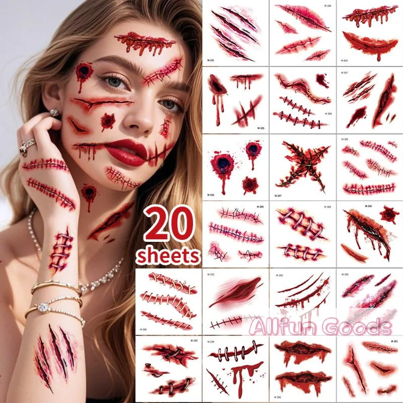 20 Sheets 3D Realistic Scar Tattoos - Waterproof Fake Bloody Wound Stickers For Halloween Cosplay Face & Body Makeup Adults​​