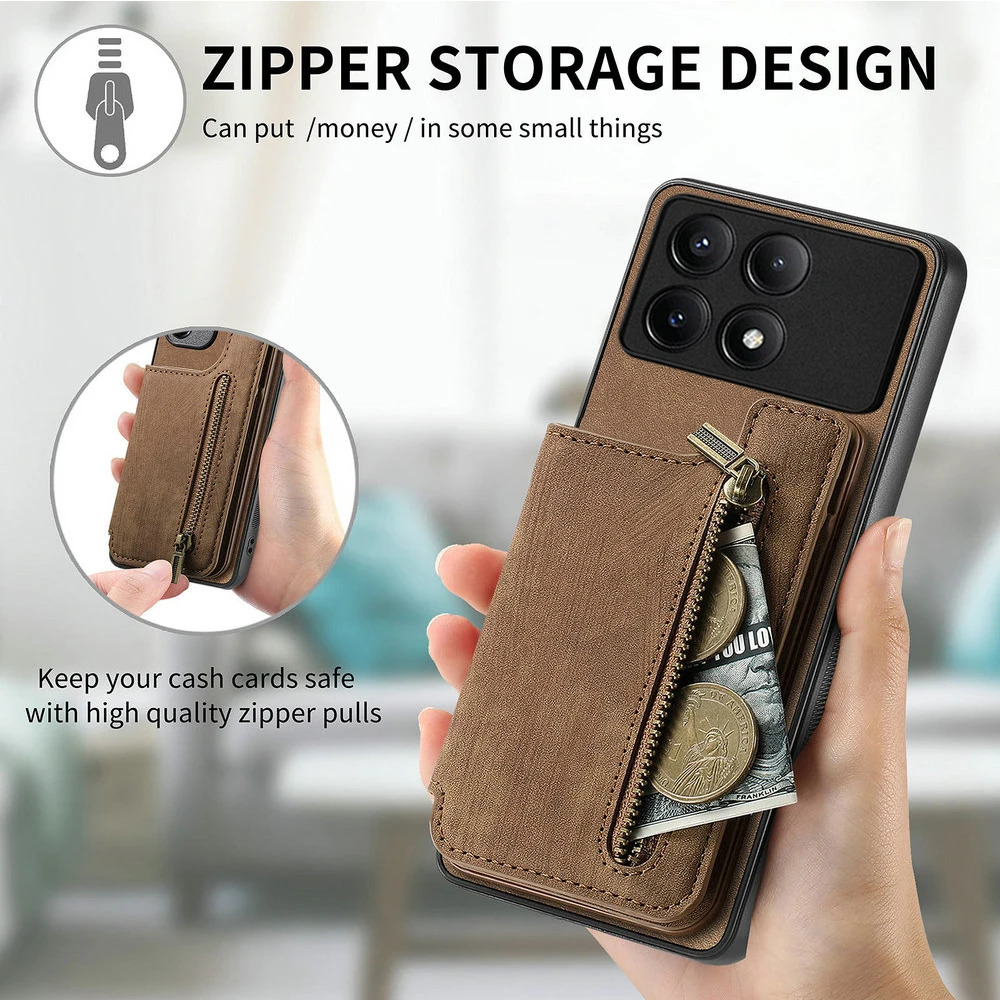 Etui skórzane z zamkiem błyskawicznym i magnetycznym portfelem do Xiaomi Poco F9 Ultra F8 F7 X6 X7 X8 Pro Max 5G, pokrowiec Poco F9 M8 F6 X 7 F 9 ProCard — zdjęcie produktu 2
