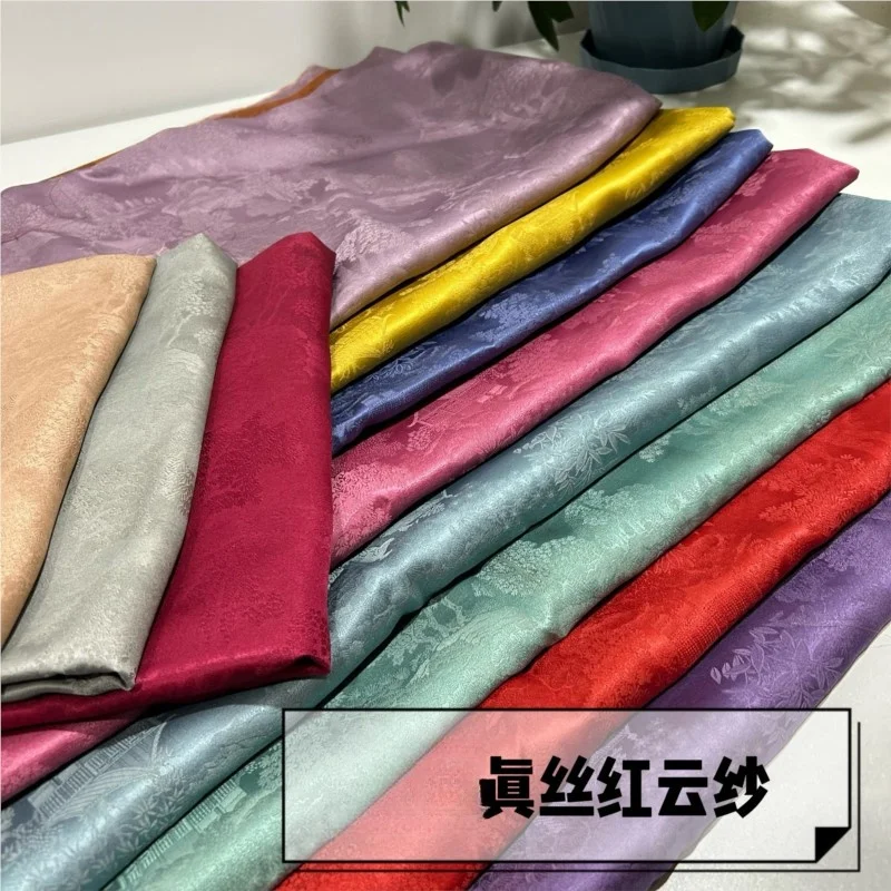 

New Hangjin silk red yarn pure silk fabric national style plant printing jacquard silk fabric