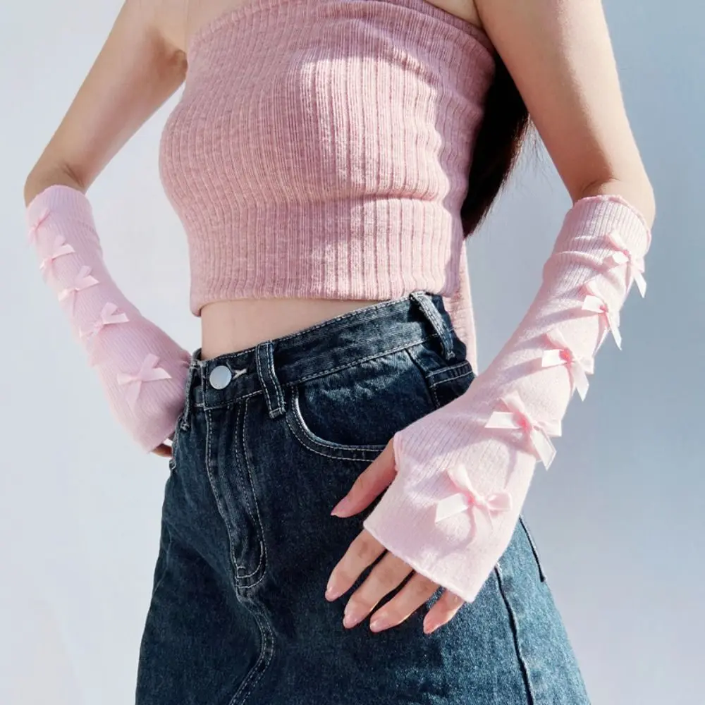 Эластичные Y2K теплые рукава с бантом Лолита косплей бант вязаные перчатки балетный стиль корейский стиль гетры без пальцев Лолита