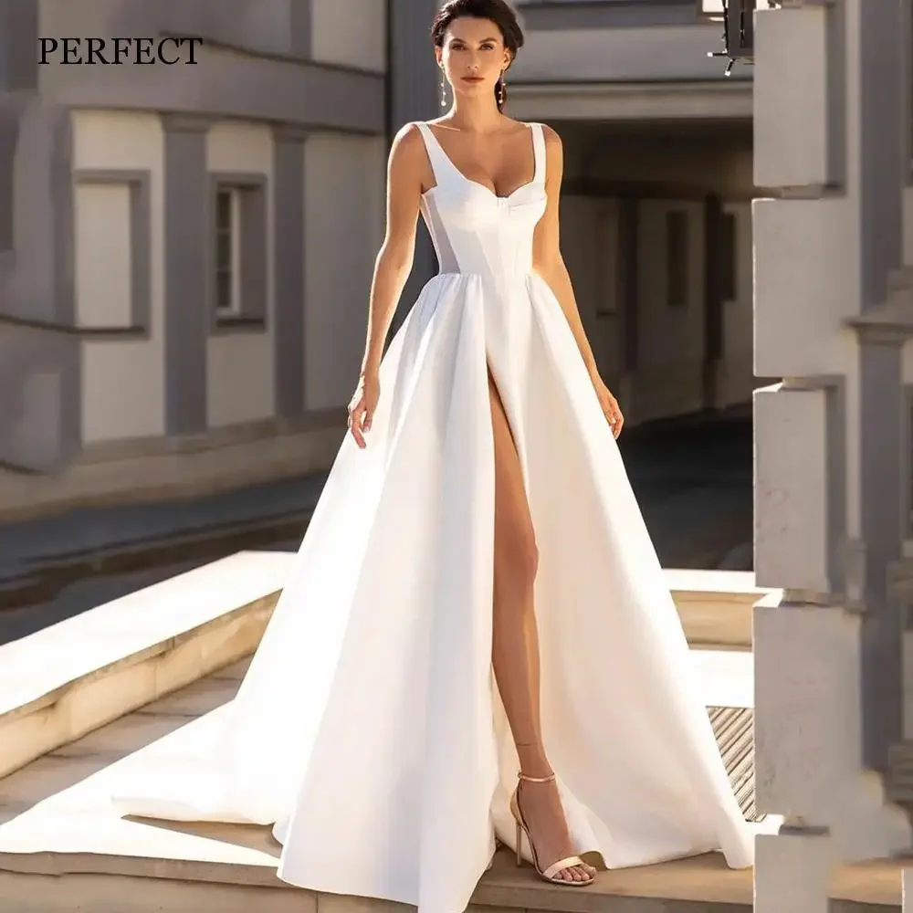 

PERFECT Sweetheart Satin Wedding Dresses High Side Split Sleeveless A-Line Bridal Gowns Open Back Custom Made Vestidos De Novia