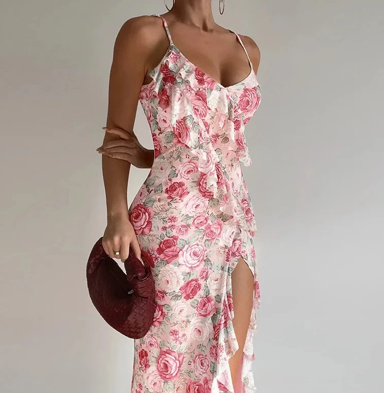 Abito da donna con stampa floreale Cami Abito elegante senza maniche con orlo diviso Abbigliamento da donna