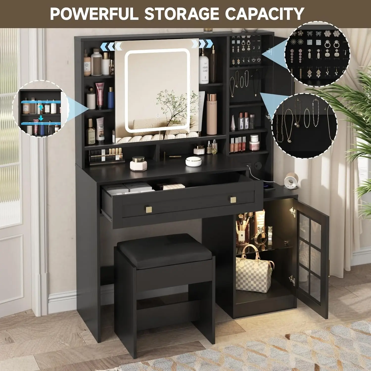 41.8'' Black Makeup Vanity Table with Jewelry Storage & Charging Station, Stool, Large Drawer, Visual Cabinet