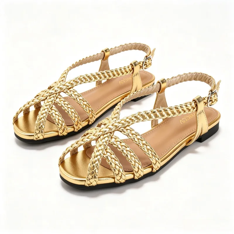 Roman-Style Hollow Woven Flat Sandals for Women Sexy Open-Toe Back-Strap Buckle Designer Sandals Summer Vacation Beach Sandals