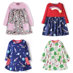 Jumping Meters New Arrival Spaces Rockets Print Princess Cotton Costume Baby Girls Dress for Autumn Spring Kids Girls Clothes