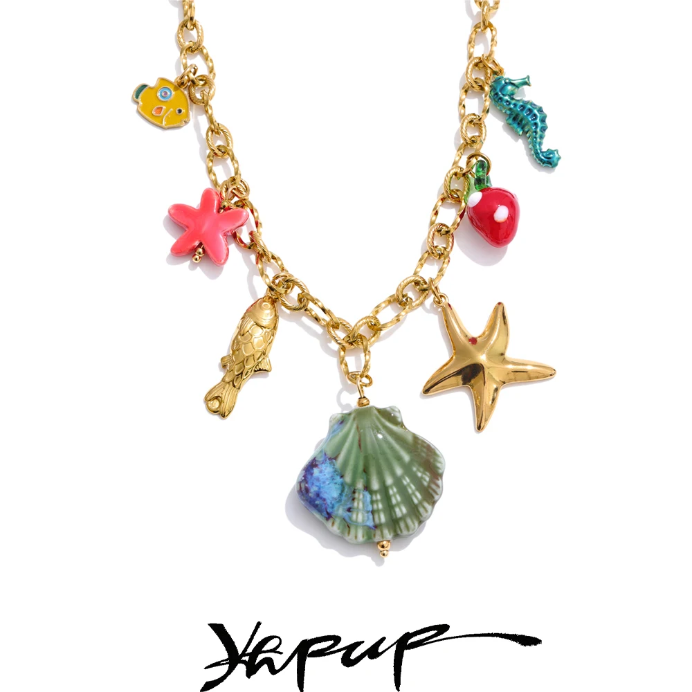 Yhpup 2025 Ocean Style Summer Enamel Ceramic Shell Starfish Pendant Necklace Fashion Trendy Stainless Steel Vacation Jewelry