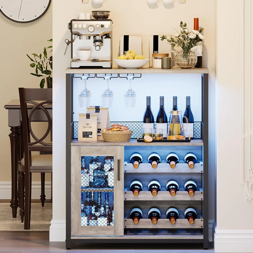 

3-Tier Wine Bar Cabinet with LED Lights, Detachable Wine Rack and Storage Space, Buffet Cabinet with Glass Holder and Mesh Door,