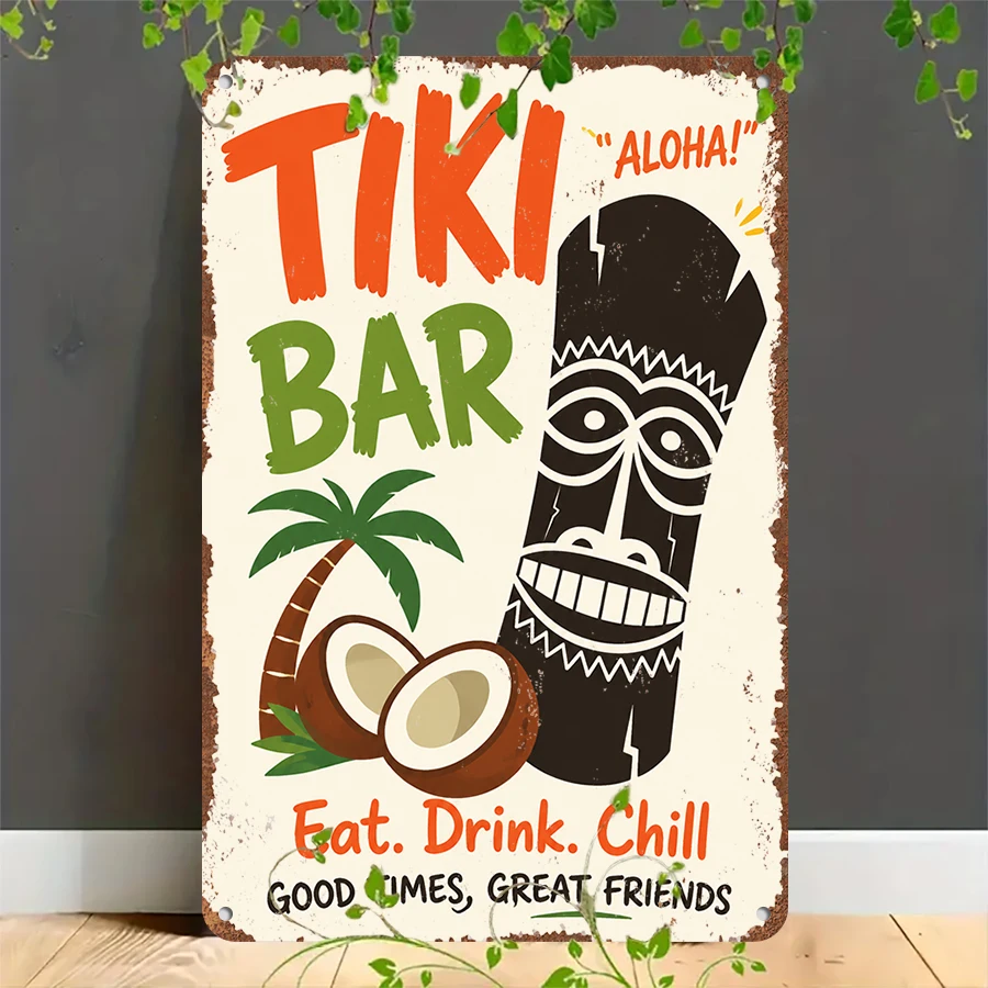 2D flat retro metal tin plate,  Vintage Tiki Bar Retro Metal Sign, Suitable for home, garage, café, bar and garden decoration