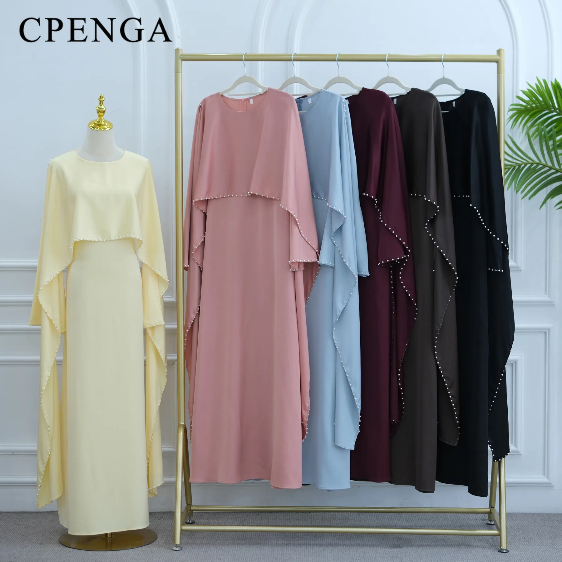 ドバイの豪華な控えめなアバヤドレス、ムスリム女性向け、ラマダン、中東、パールビーズのカフタン、ツーピース、イスラム、トルコの衣装