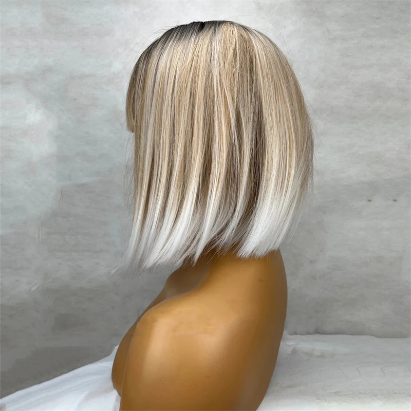 Mode Vrouwen Pruiken Synthetische Kant Voorkant Pruik Met Pony Honing As Blonde Witte Highlights Kant Frontale Pruiken Kleine Grote Maat Pet