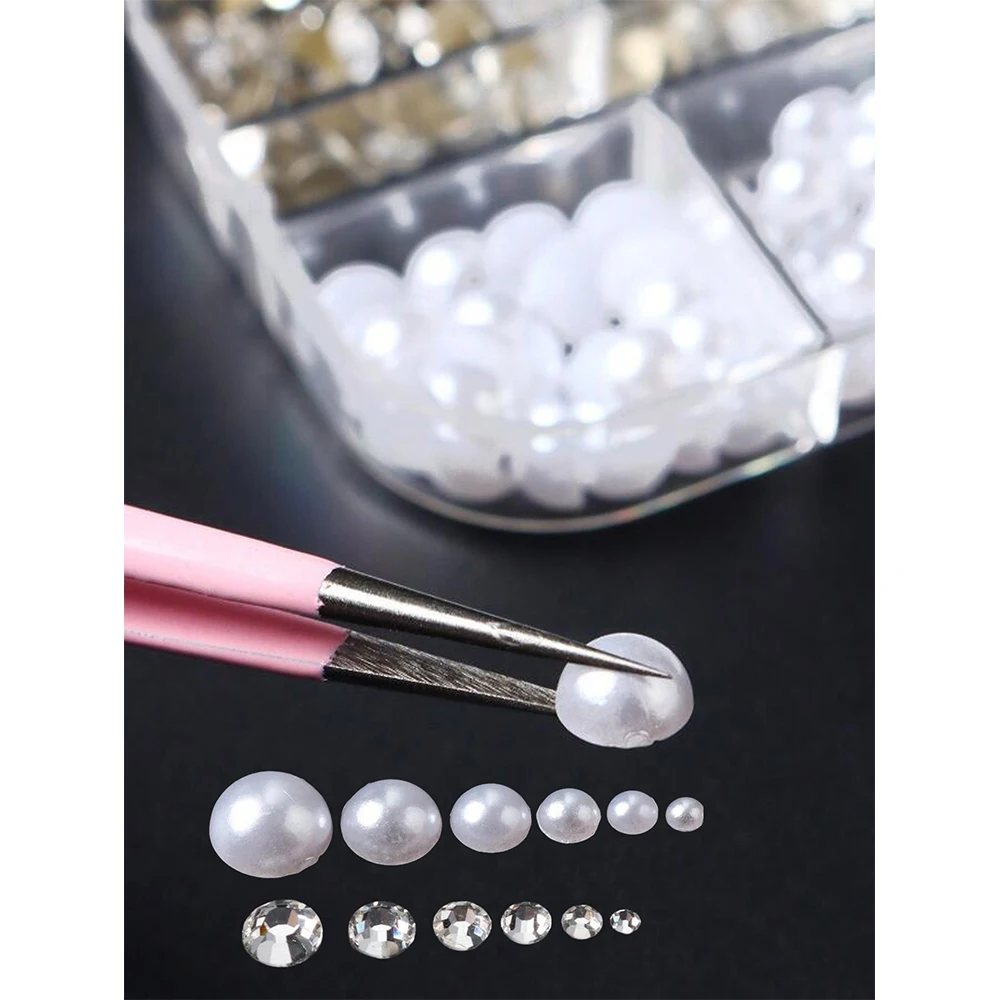 12 Grids/Box 1.5-4mm Flatback Pearls Rhinestone for Nail Art DIY Design Multi Size Half Round Pearls White Manicure Accessories+