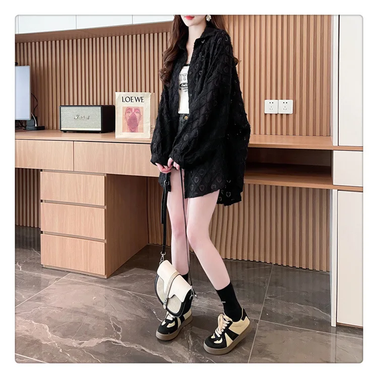 Lace Spliced Shirts Women Loose Cardigan Solid T Shirt Long Sleeve Casual Blouses Turn Down Neck Open Stitch Lady Summer 6