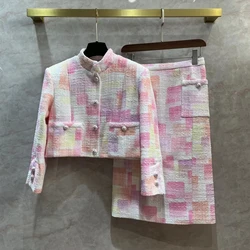 2023 Frühling brandneue Designer Frankreich Stil Frauen hochwertige rosa Plaid Stehkragen Tweed Jacken c204