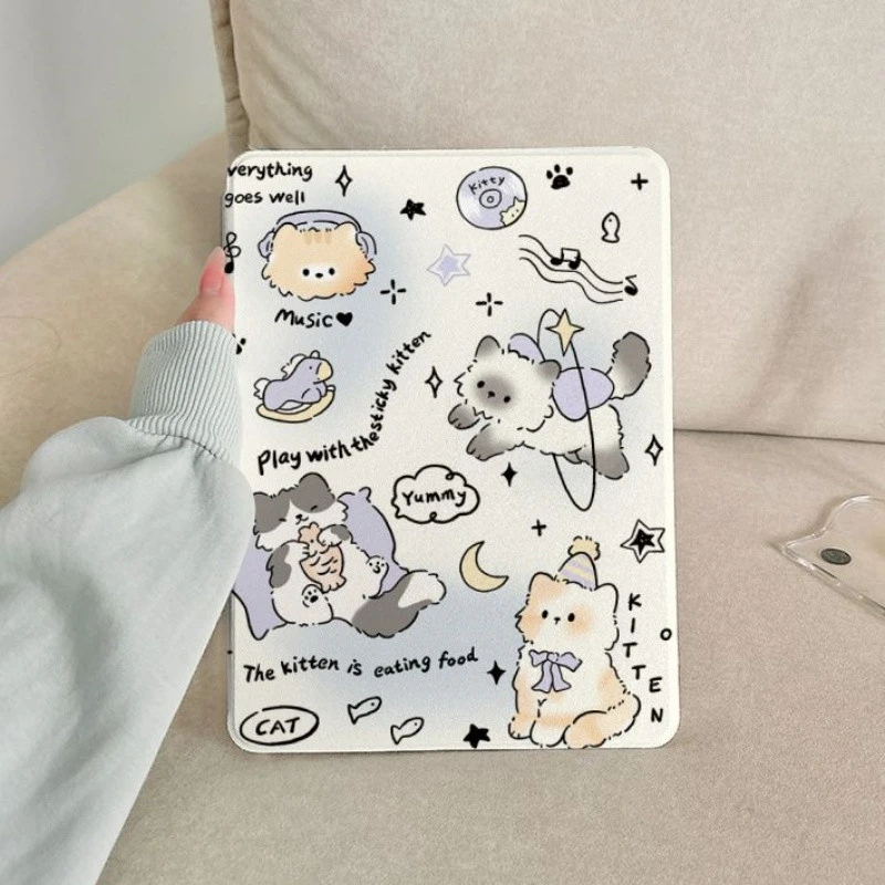 Cute Music Kitty Tablet Case For iPad Pro 11 12.9 13 A16 M2 M4 M3 M5 Shell 8.3 9.7 10.2 5/6/7/8/9/10/11th Mini Air 3 4 5 6 Cover