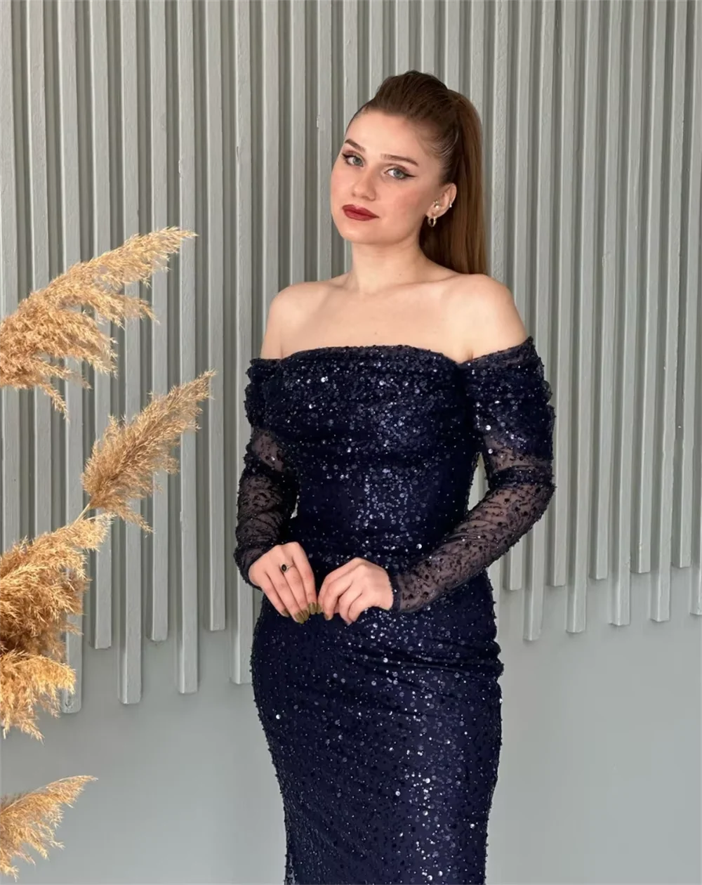 Customized Off Shoulder Long Sleeves Prom Dress Slim Fit Sparkling Sequins Wedding Party Dress فساتين سهره نسائيه فخمة