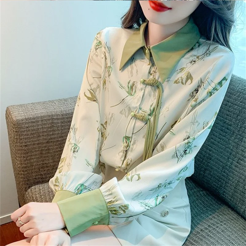 Chinese Style Blouses For Women Retro Floral Shirt Loose Chiffon Top Vintage Dial Buckle Shirt Thin Cardigan Long Sleeve Blouse
