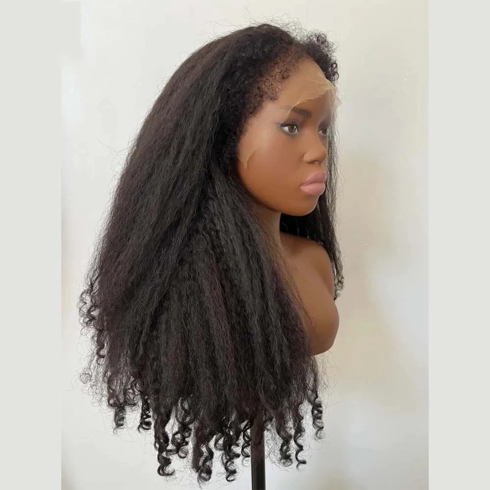 Yaki Black Glueless Soft Long 26 inch 180 Density Kinky Straight Lace Front Wigs For Women Babyhair PrePlucked Daily Synthetic