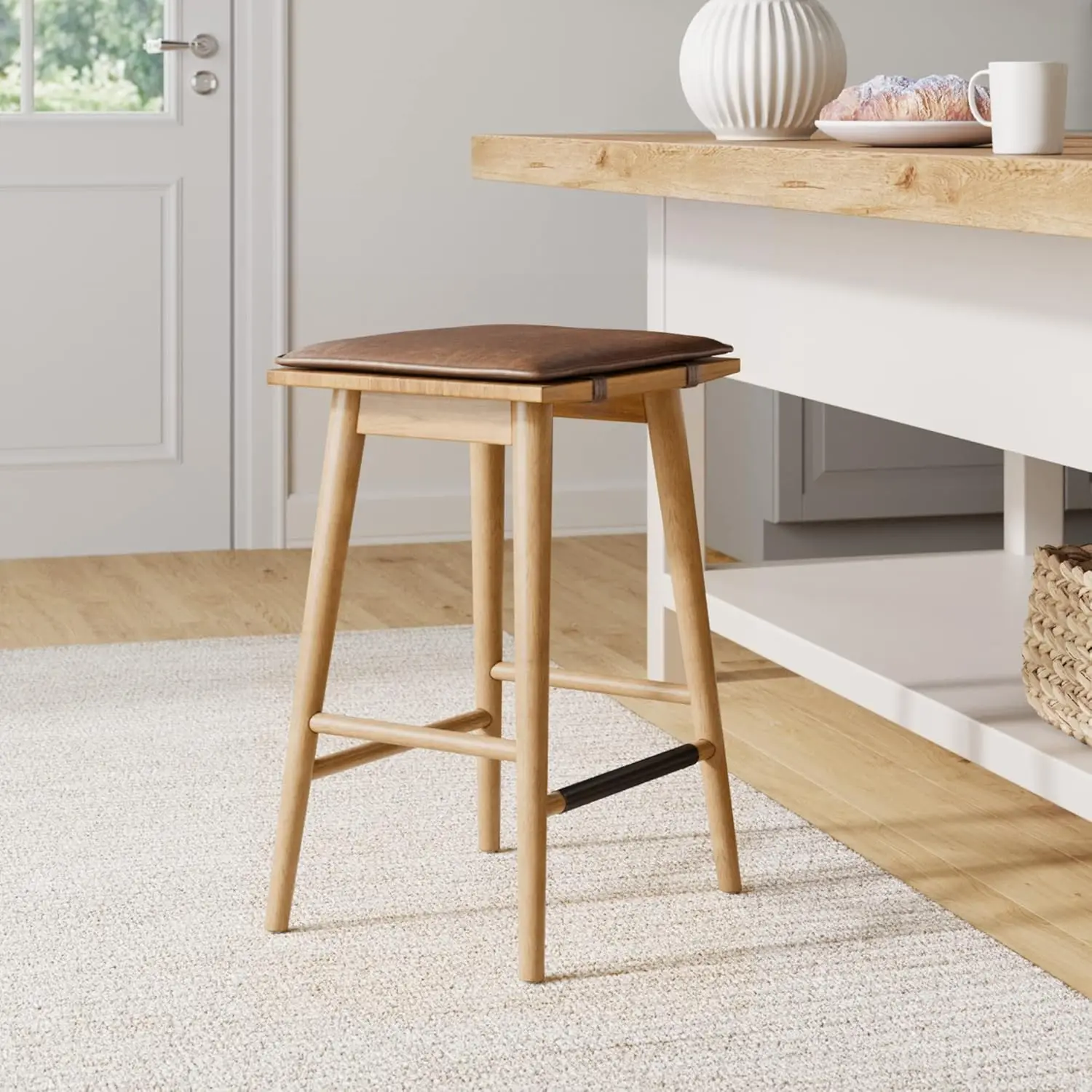 Barker Classic Counter Height Wood Barstool with Leather Removable Cushion, Backless Island 24