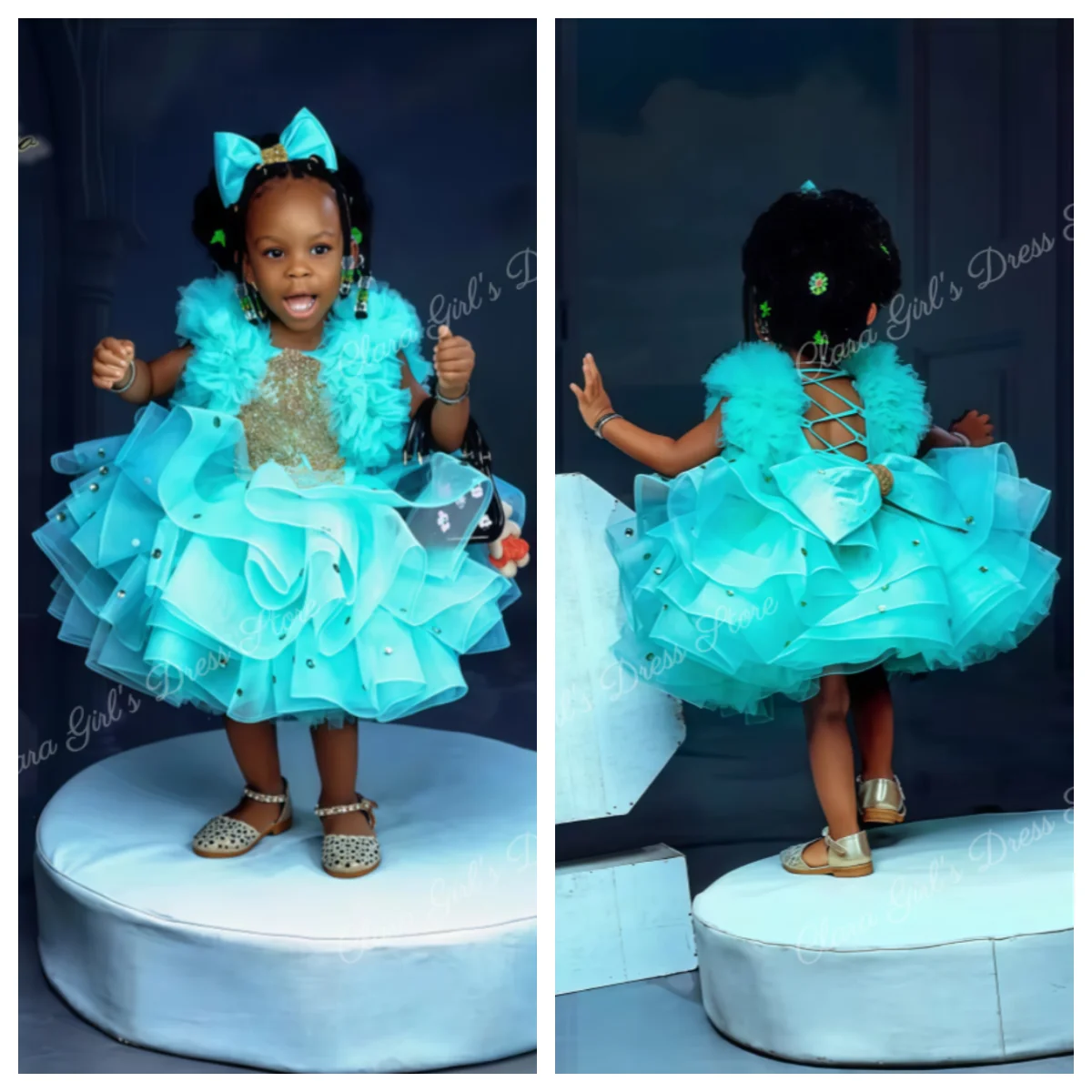 Leuke turquoise kralen meisje verjaardagsfeestje jurk prinses gegolfde bloemenmeisje jurk baby- en kinderavondjurk