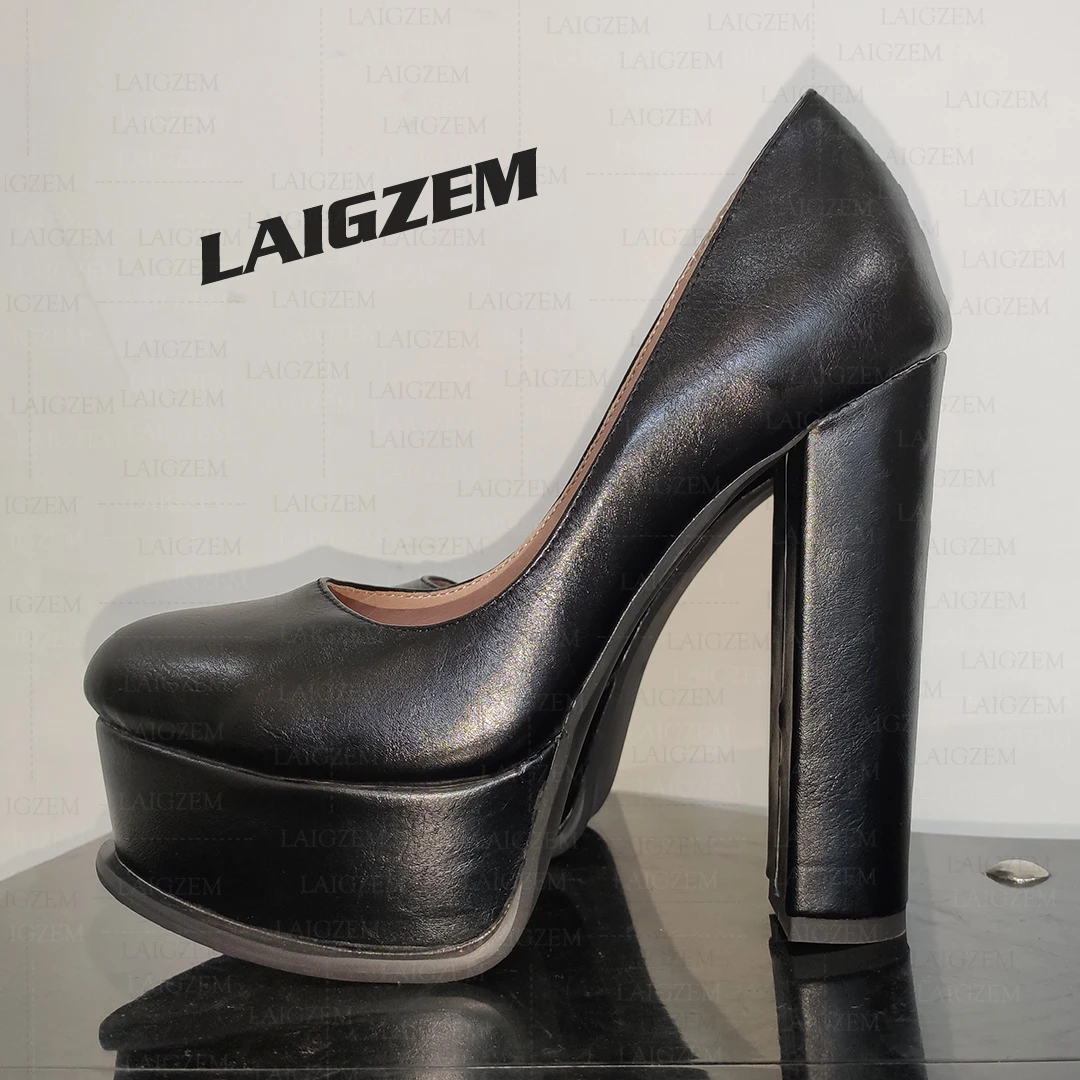 

BERZIMER Women Platform Pumps Round Toe Faux Leather Slip On Thick High Heels Handmade Ladies Shoes Woman Big Size 41 43 46 52