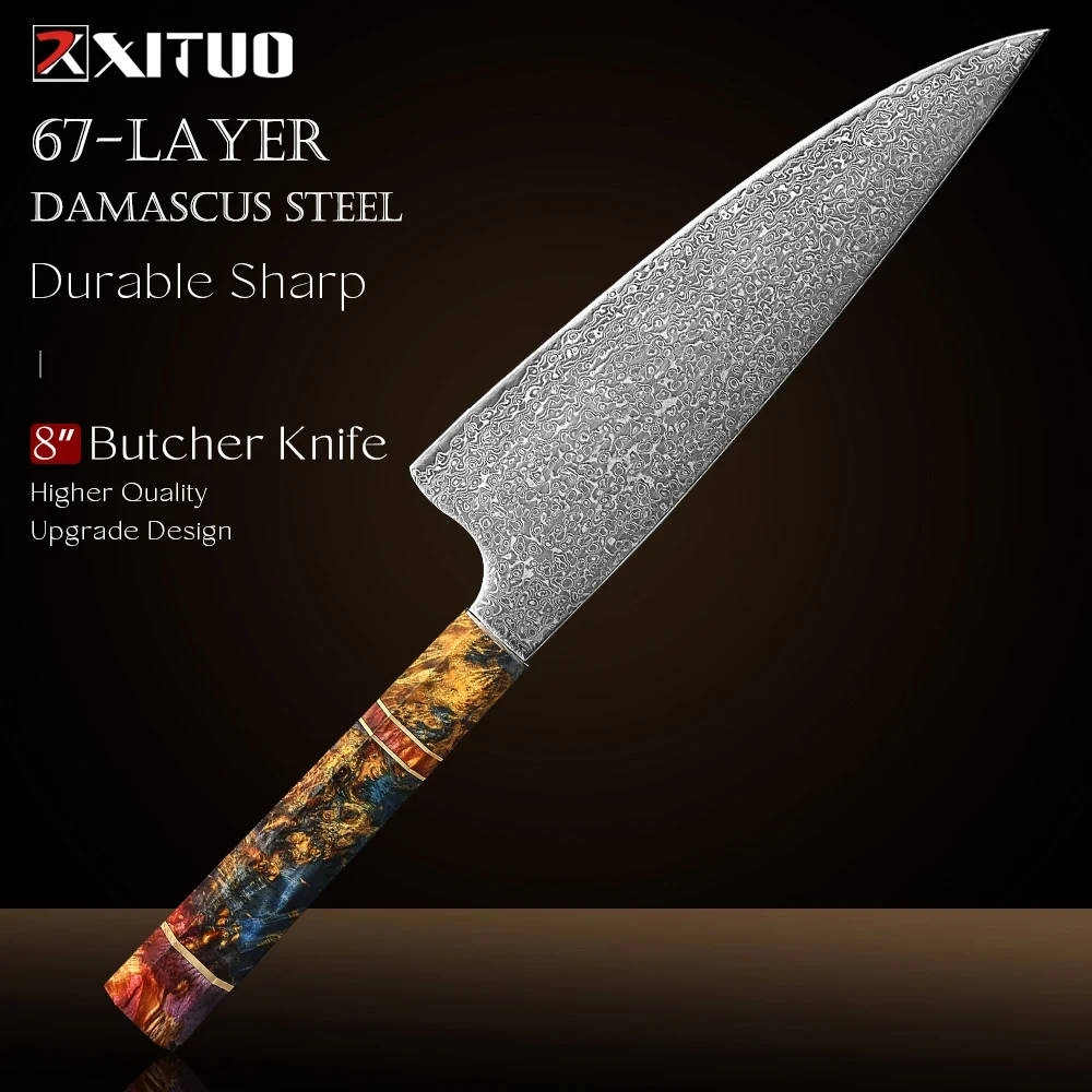 Damascus Steel Butcher Knives 8 Inch,VG10 Damascus Kitchen Knife, Ultra Sharp Meat Cleaver, Professional Chef Knife Full Tang