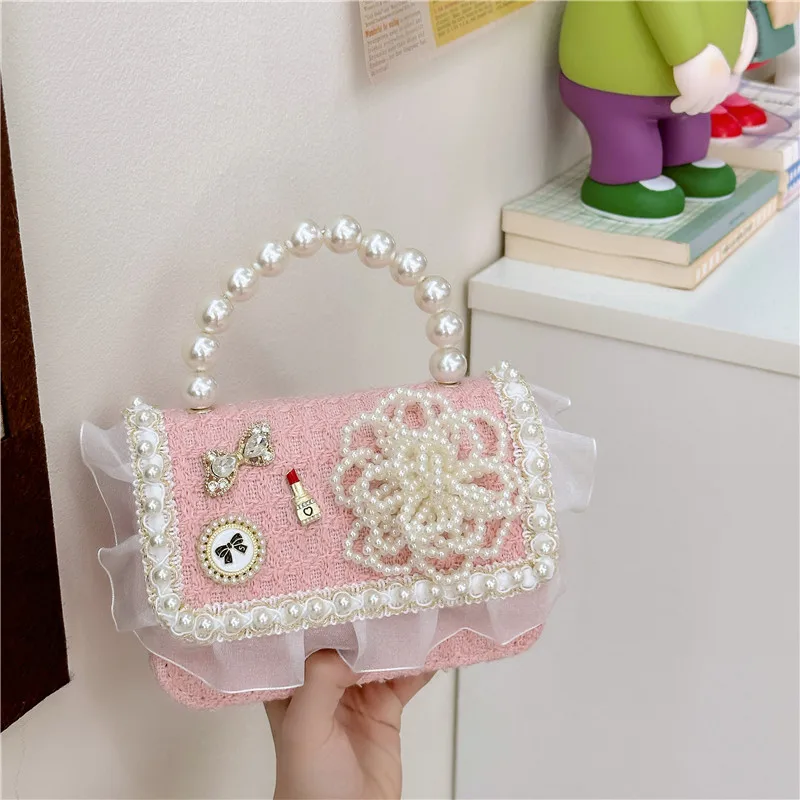 

New handbags mini purse Lattice girls bag wool bags for children's pink girls purses and Pearl Handheld shoulder bag