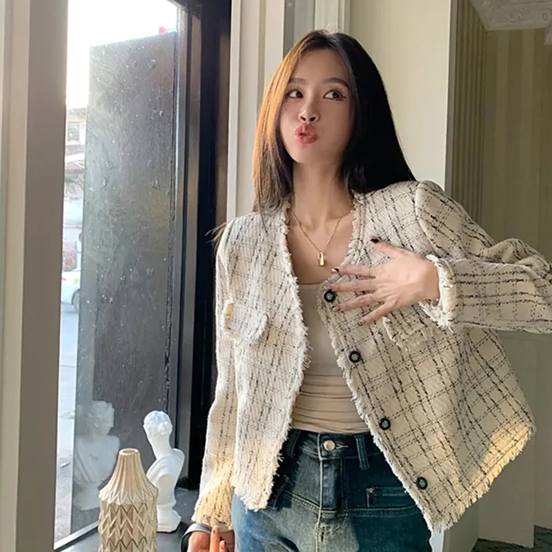 

Korean Tweed Vintage Jacket Women Elegant Commuter Long Sleeved Coat Fringed Single Breasted Spring Fall Office Lady Outwear