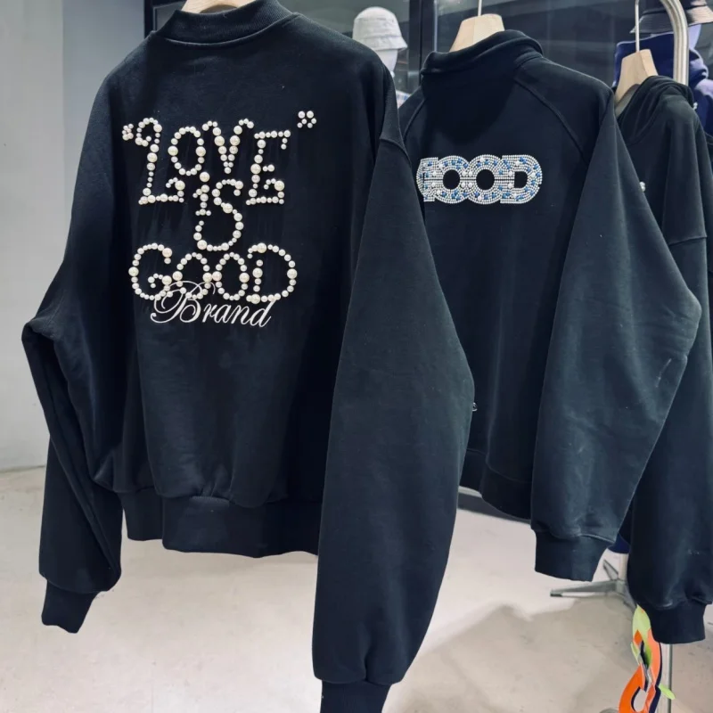 

Heavy Industry Pearl Embroidery Black GOODBRAND Jacket Fashion Street Lite Is Good V-neck Zipper Coats Men Women Baseball Jersey