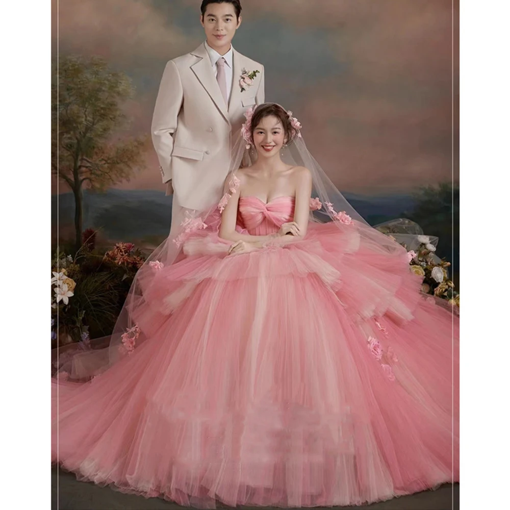 Customized Pink Ball Gown Wedding Dresses Tiered Floral Bridal Gowns Formal Princess Vestido De Noiva robe de mariée