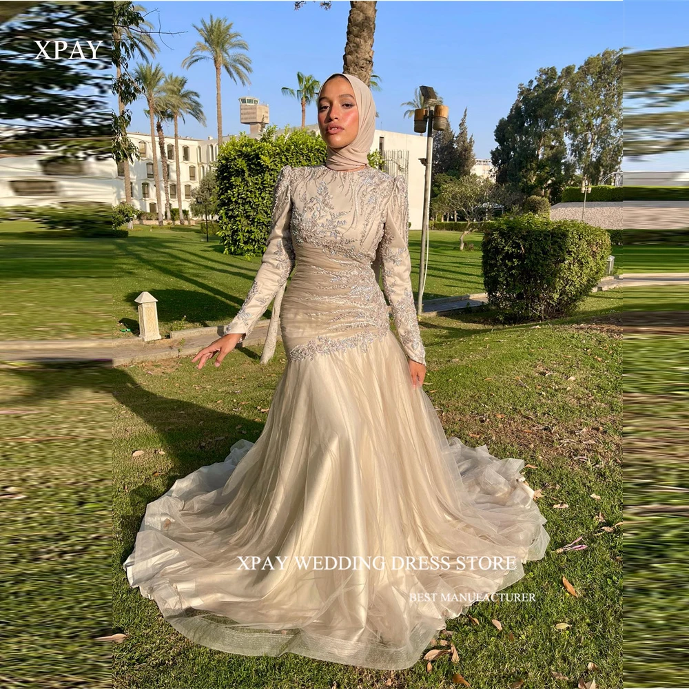 XPAY Modest Glitter Muslim Arabic Women Evening Dresses Long Sleeves O-Neck Tulle Prom Gowns Fomral Party Occasion Dress