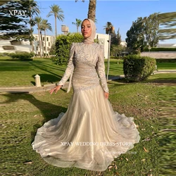 XPAY Modest Glitter Muslim Arabic Women Evening Dresses Long Sleeves O-Neck Tulle Prom Gowns Fomral Party Occasion Dress