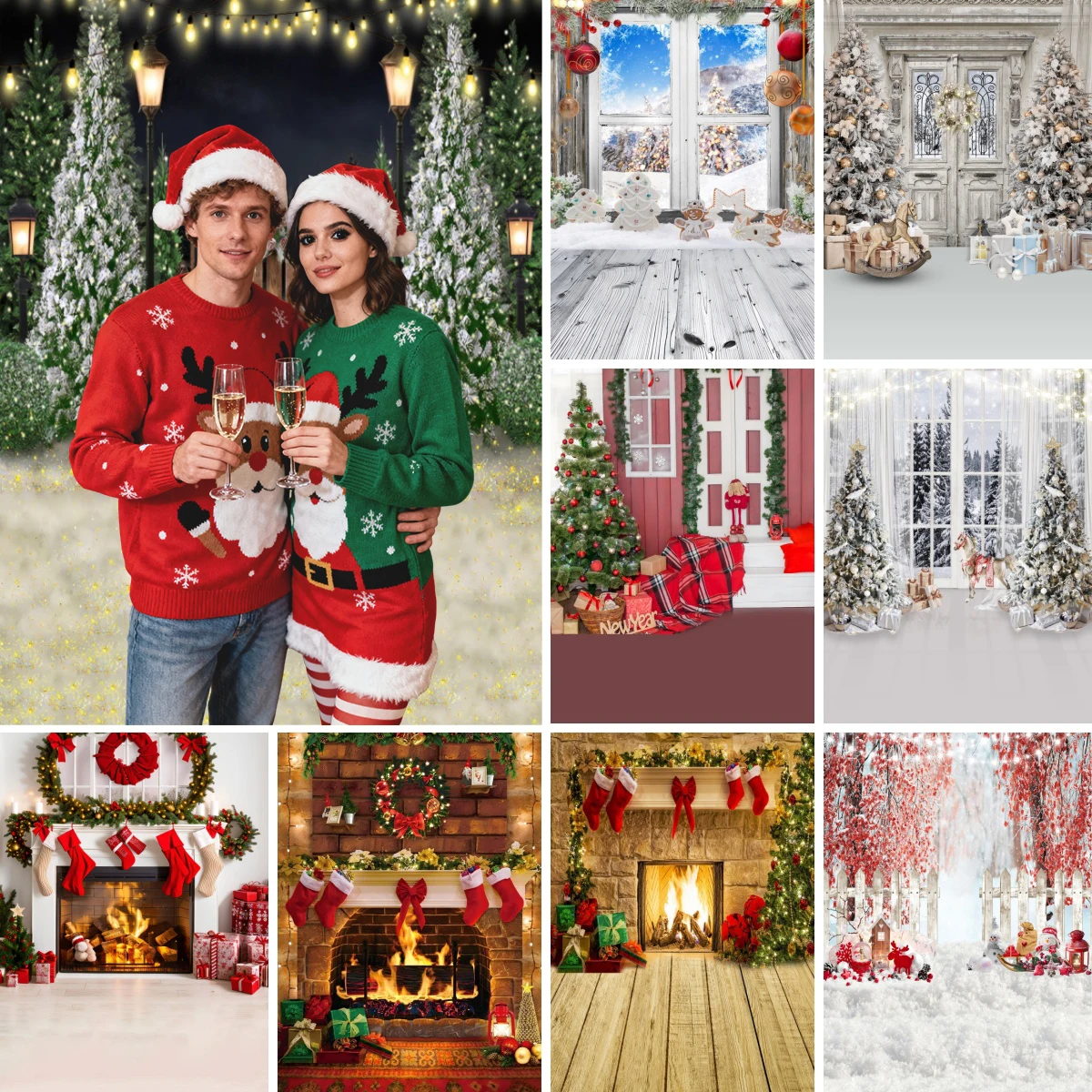 الشتاء عيد الميلاد الديكور التصوير خلفية شجرة عيد الميلاد إكليل الموقد بوابة نافذة هدية الاطفال الشتاء الأسرة خلفية الحفلات #1