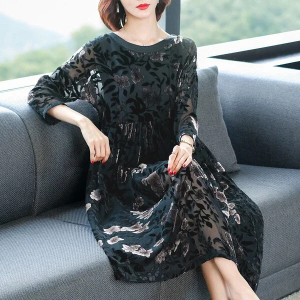 

Fall Spring Fashion Women Elegant High Waisted Black Navy Velvet Floral Long Dress , Woman Loose Jacquard Flower Velour Dresses