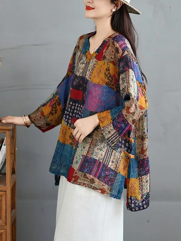 

Хлопково-льняная футболка V-Ne с разрезом на боковых пуговицах, длиной миди, с принтом Seven-Quarter Sve, антивозрастной женский топ в китайском стиле