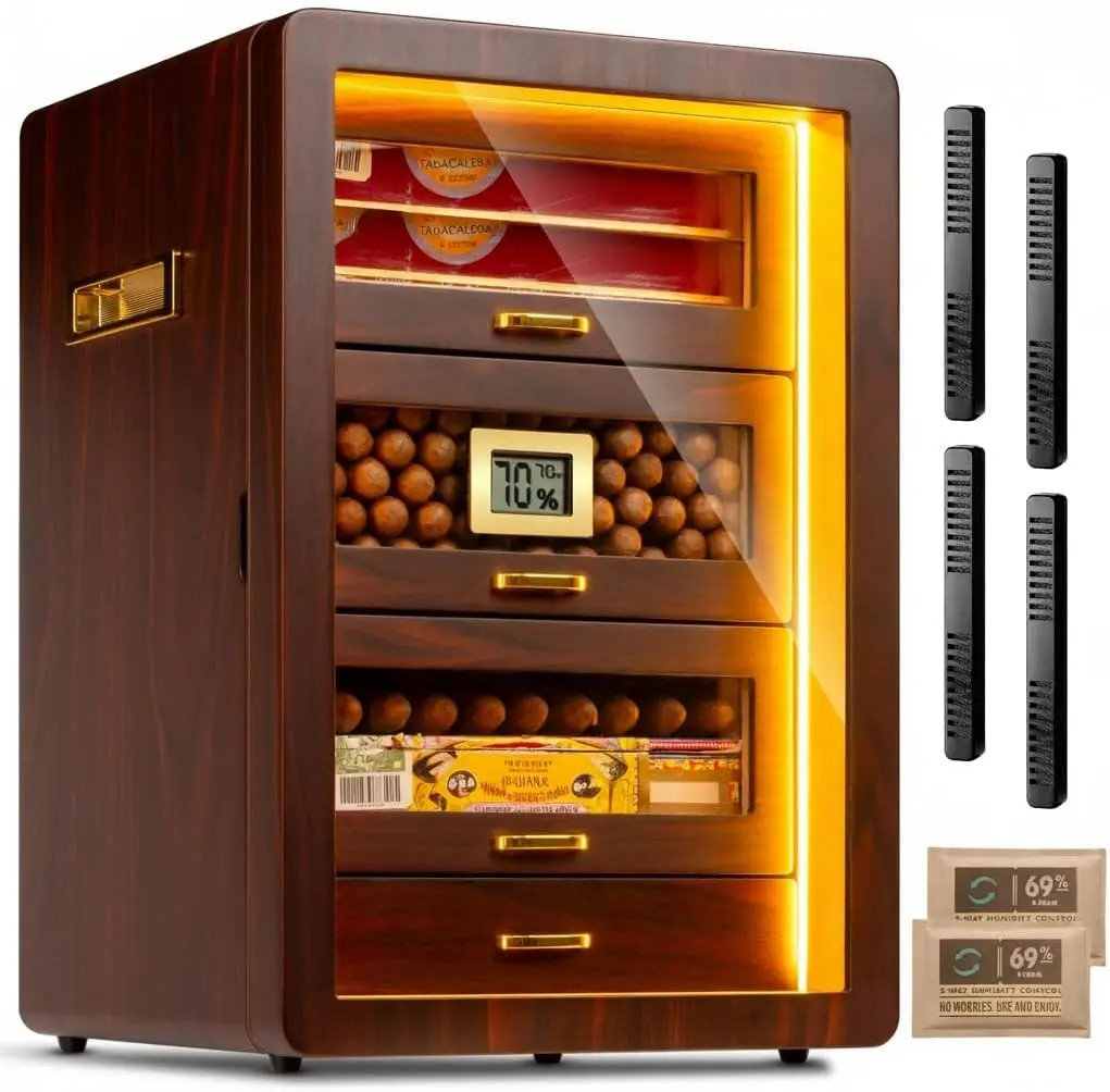 

Triple-Sided LED Cigar Humidor Cabinet with Digital Hygrometer, 4 Cedar Drawers Holds 200 Cigars, Ideal Gift
