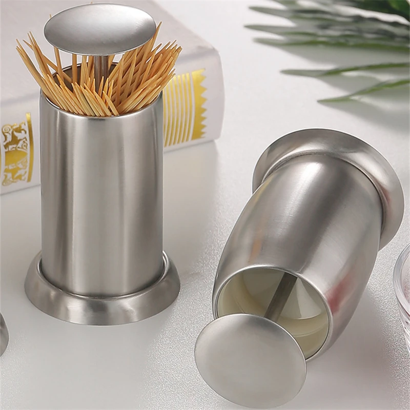 1PC Press Type Stainless Steel Toothpick Holder Storage Box Creative Automatic Spring Cover Dust-Proof Toothpick Dispenser