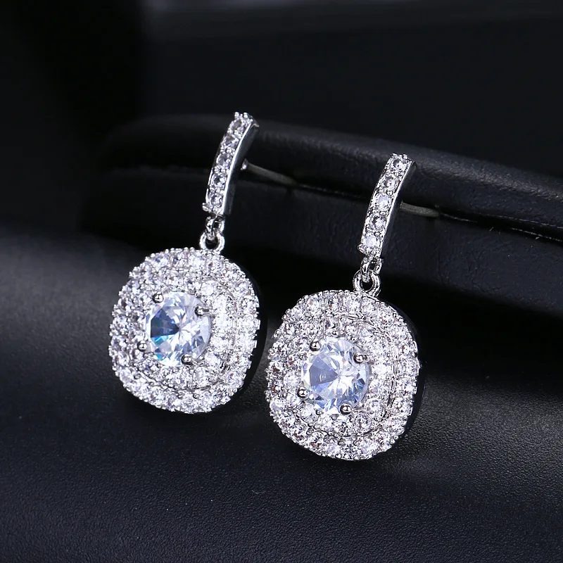 14K Gold Plated Sterling Silver Post Halo Cubic Zirconia Stud Earrings for Women Leverback Dangle Bridal Earrings Set