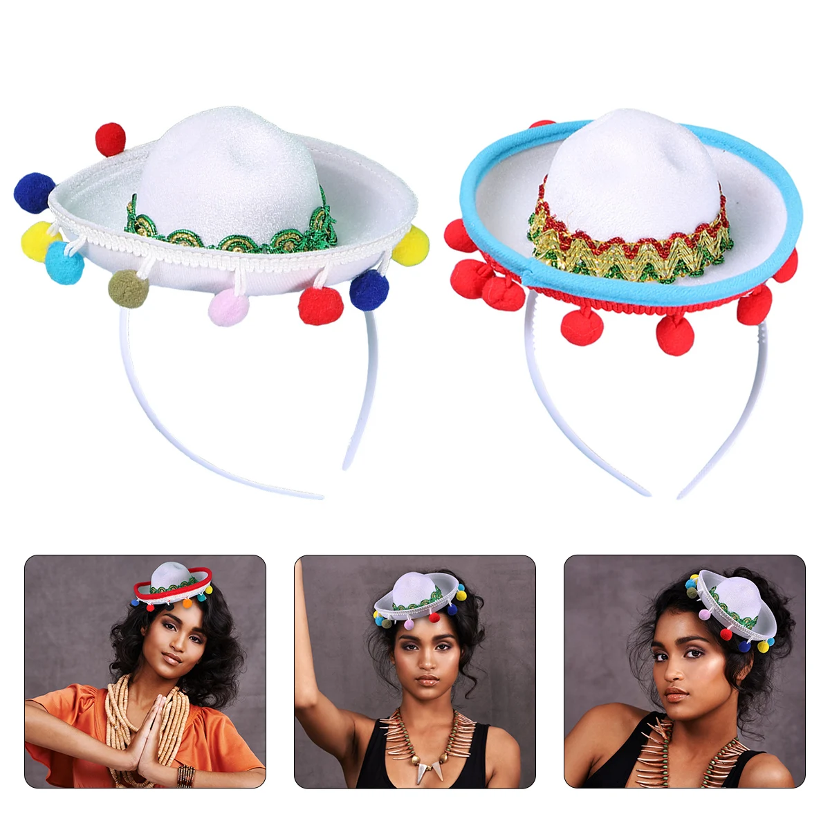 

4 Pcs Mini Hat Assorted Color Headband Mexican Folk Style Party Sombreros Festive Straw Hat Hair Hoop Sun Protection Daily Wear