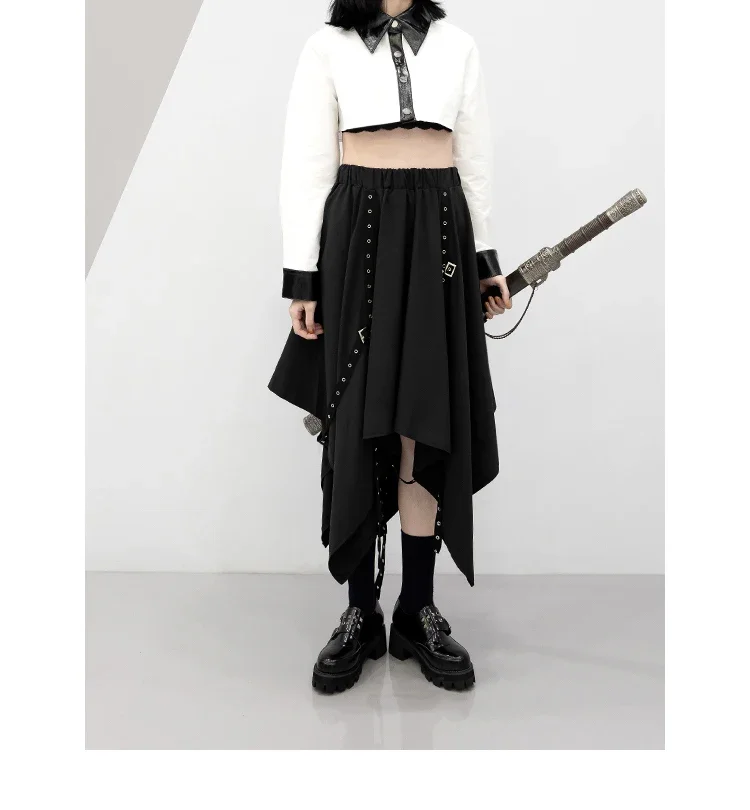 

Irregular Skirt Girl's New Dark Tie Street Punk Wind Weave Buckle Medium-length Y2k Gothic Long Skirt