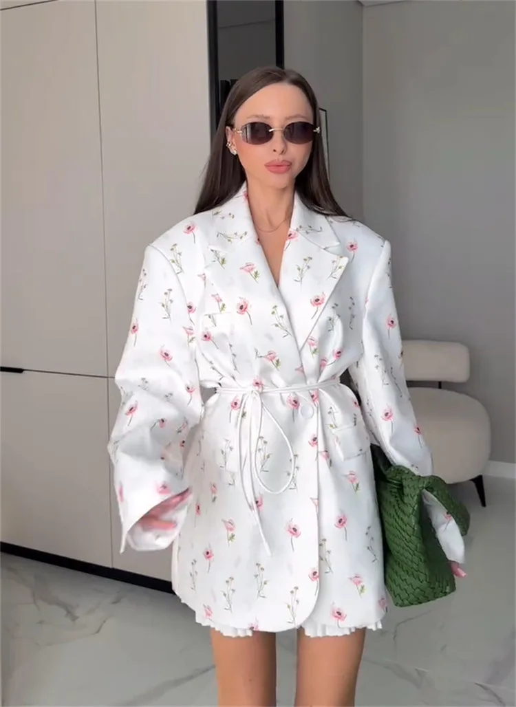 Fashion Women's Flower Printed Blazer Waist-Closed Turn-Down Collar Lace Up Coats 2025 Autumn New Elegant Chic Tops Outwear