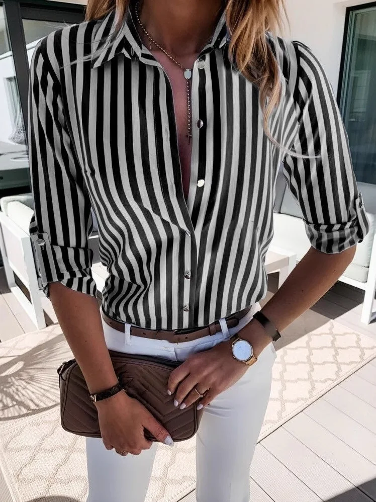 Casual Striped Printed Women's irt Button Color Blo Ladies Casual Blouse Autumn Long Sve Polyester Slim Fit Faion