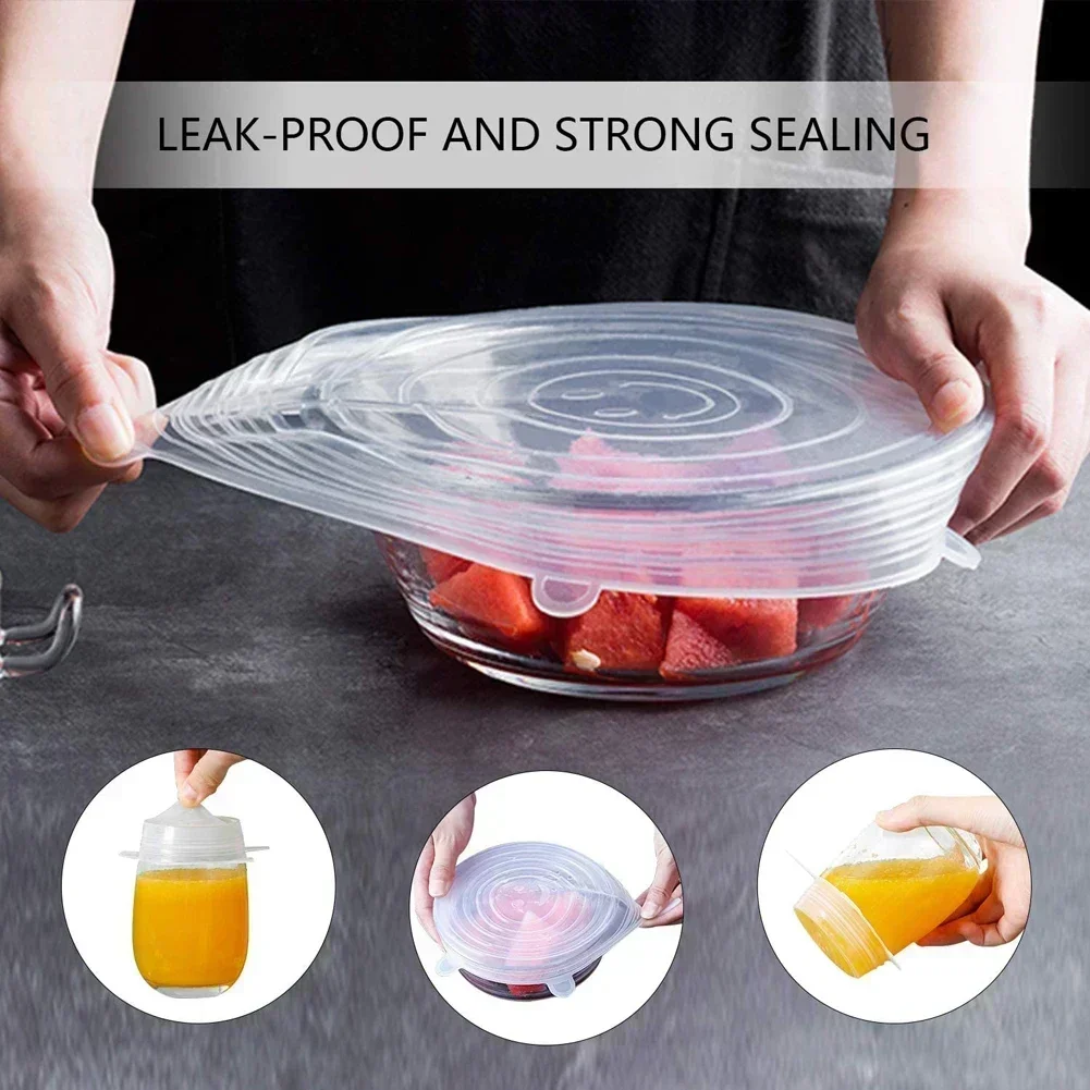 6pcs Housewares Kitchen Storage Organization Can Lids Universal Silicone Lid for Cookware Bowls Reusable Stretch Cover & Food