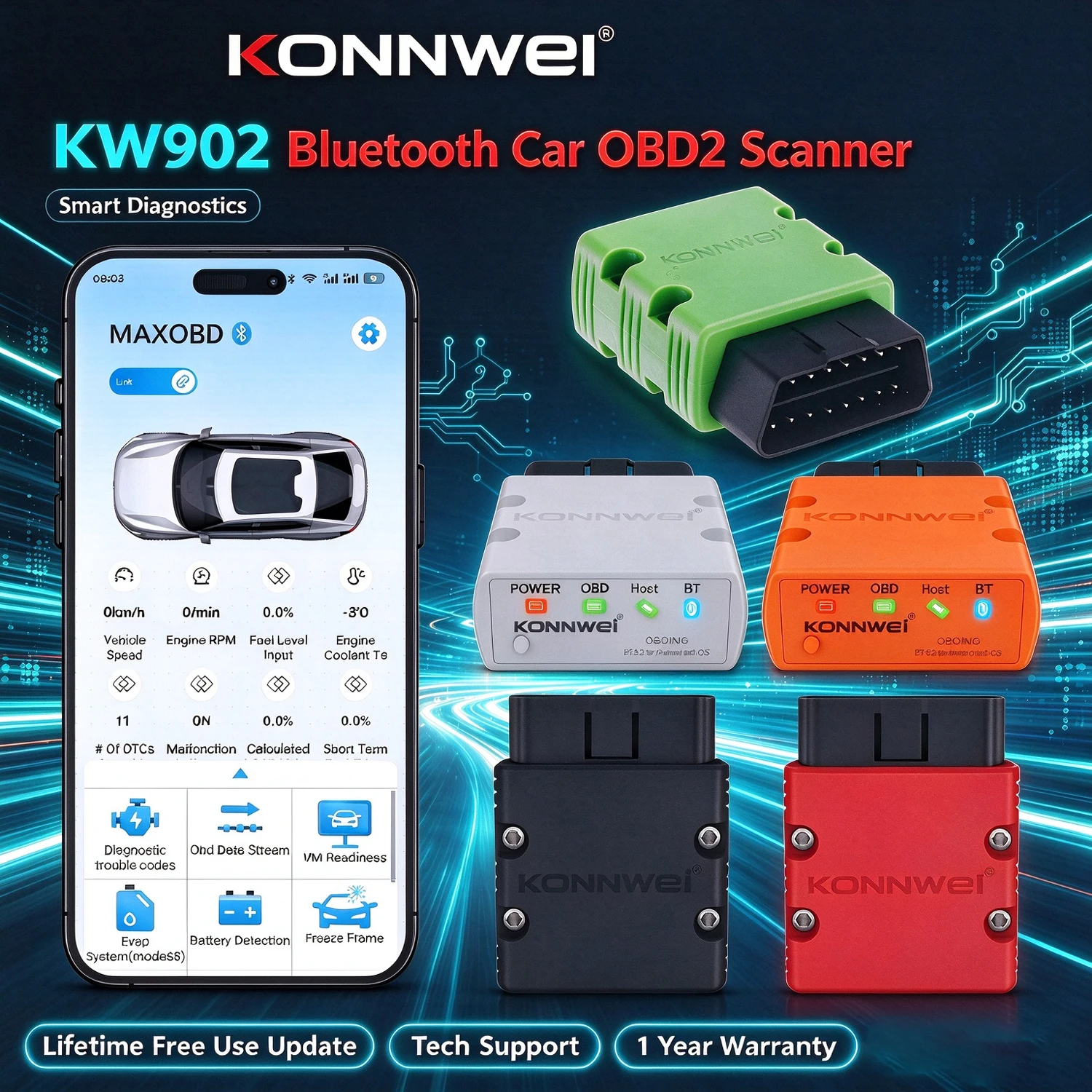 KONNWEI KW902 ELM327 V1.5 Universal Multibrand OBD2 Bluetooth 5.0 Car Diagnostic Scanner Mini OBD Code Reader for Android iOS