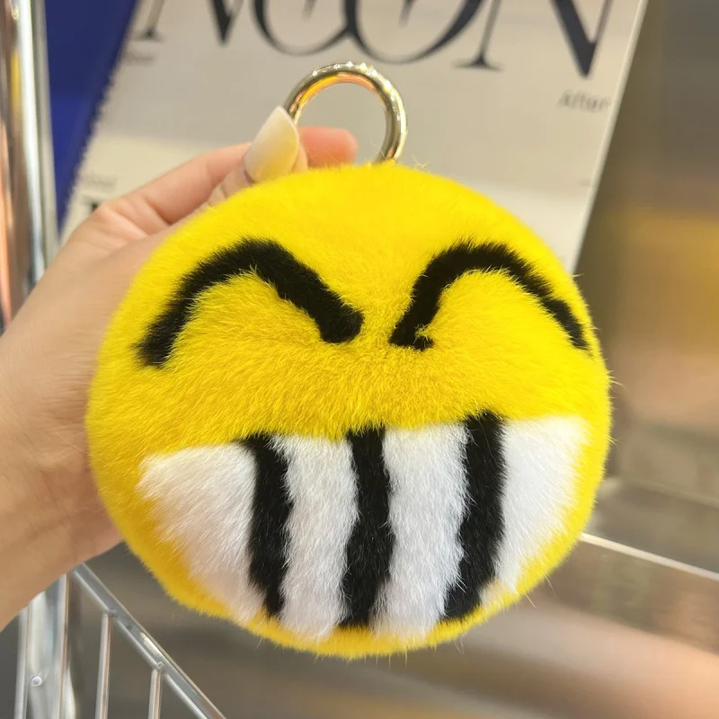 Cute Rabbit Fur Keychain For Bags Charm 11cm Pompom Big Size Fluffy Keyring Real Rabbit Fur Emoji Car Keychain Plush Keychain